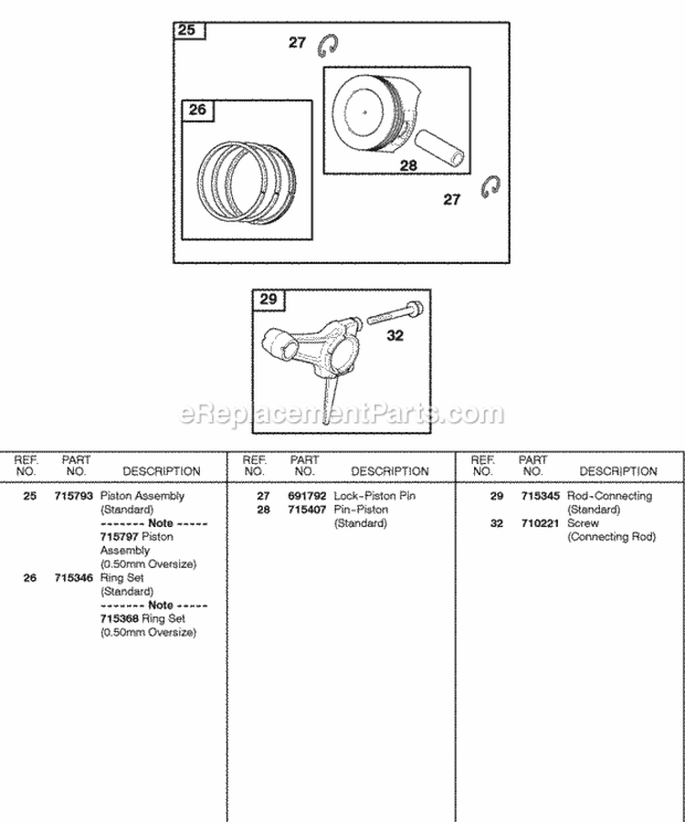 Piston Rings Connecting Rod Diagram and Parts List for 247437-0111-B1  Briggs and Stratton Engine
